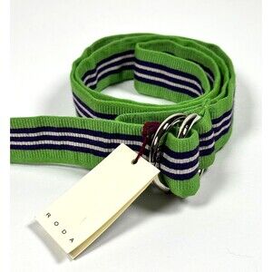 RODA Belt‎ Mens Unisex Large Green Navy Blue Stripe Fabric D Ring Preppy Classic